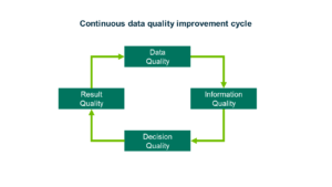 描述持续数据质量的改进周期，从数据质量到信息质量，再到决策质量，最后是结果质量，所有这些都相互作用。